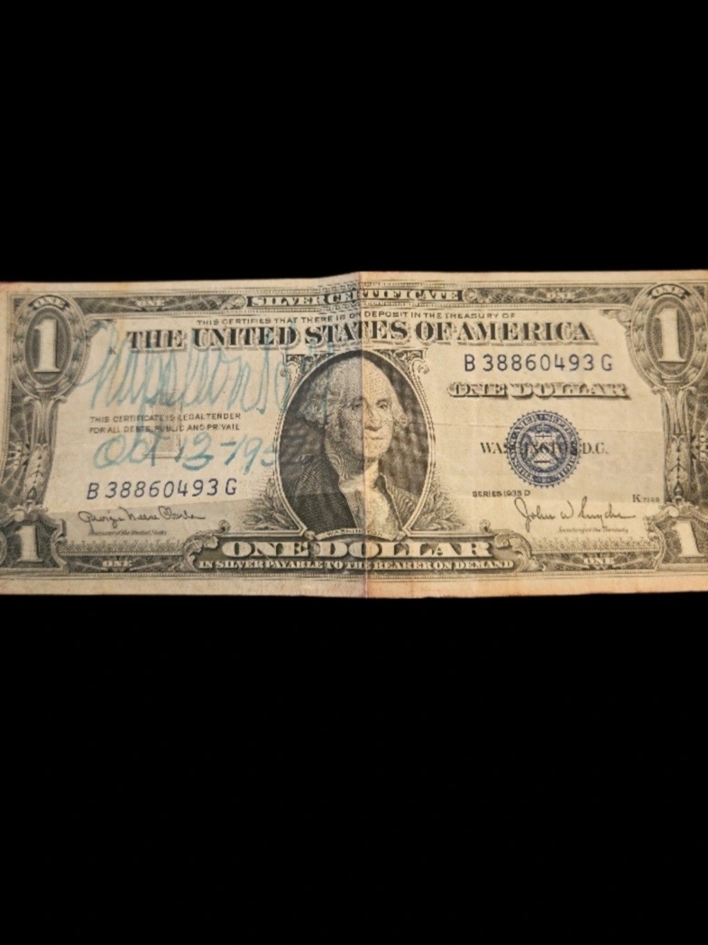 Napoleon Hill Hand-Signed & Dated 1952 U.S. $1 Silver Certificate Series 1935 D